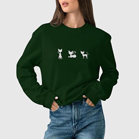 PROSPETTIVA KADIN YEŞİL OVERSIZE KALIN İÇİ POLARLI ÜÇLÜ KEDİ / THREE CAT SYMBOL SWEATSHIRT