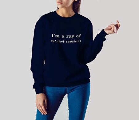 PROSPETTIVA KADIN LACİVERT KALIN İÇİ POLARLI OVERSIZE I'M A RAY OF FU*KING SUNSHINE YAZILI SWEATSHIRT