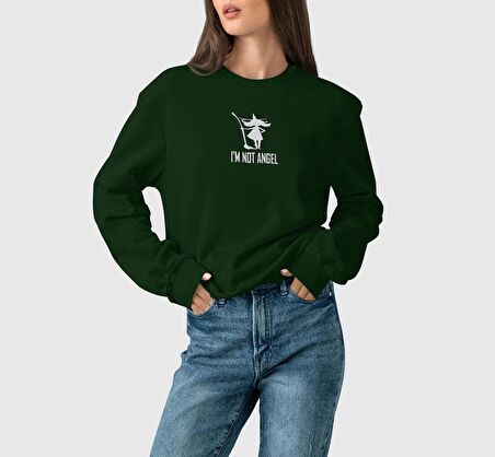 PROSPETTIVA KADIN YEŞİL OVERSIZE KALIN İÇİ POLARLI SÜPÜRGELİ CADI SYMBOL / BEN MELEK DEĞİLİM YAZILI SWEATSHIRT