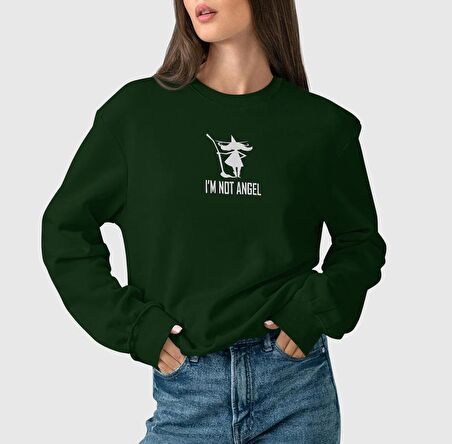 PROSPETTIVA KADIN YEŞİL OVERSIZE KALIN İÇİ POLARLI SÜPÜRGELİ CADI SYMBOL / BEN MELEK DEĞİLİM YAZILI SWEATSHIRT