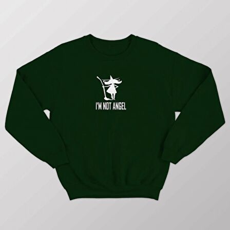 PROSPETTIVA KADIN YEŞİL OVERSIZE KALIN İÇİ POLARLI SÜPÜRGELİ CADI SYMBOL / BEN MELEK DEĞİLİM YAZILI SWEATSHIRT