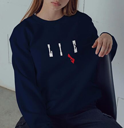 PROSPETTIVA KADIN LACİVERT OVERSIZE KALIN İÇİ POLARLI LIE / LIFE YAZILI SWEATSHIRT