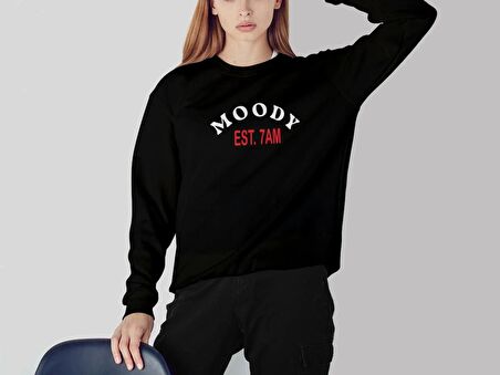 PROSPETTIVA KADIN SİYAH OVERSIZE KALIN İÇİ POLARLI MOODY YAZILI SWEATSHIRT