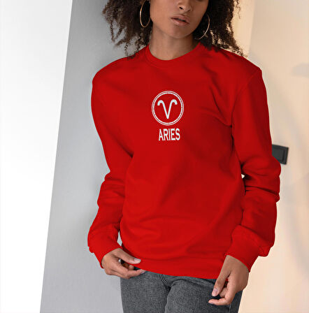 PROSPETTIVA KADIN KIRMIZI OVERSIZE KALIN İÇİ POLARLI KOÇ BURCU / ARIES YAZILI SWEATSHIRT