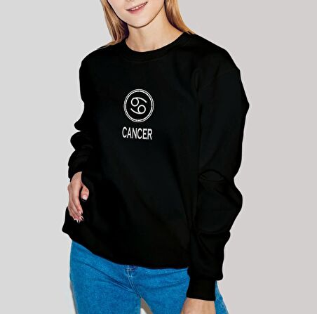 PROSPETTIVA KADIN SİYAH OVERSIZE KALIN İÇİ POLARLI YENGEÇ BURCU / CANCER YAZILI SWEATSHIRT