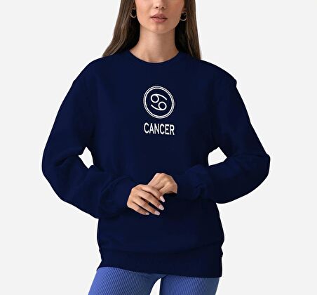 PROSPETTIVA KADIN LACİVERT OVERSIZE KALIN İÇİ POLARLI YENGEÇ BURCU / CANCER YAZILI SWEATSHIRT