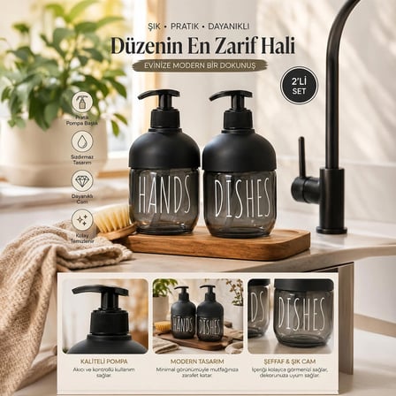 Porsima C-527 2'li Cool Sıvı Sabunluk Seti - Mutfak-Banyo Tezgah Üstü Temizlik Seti - Siyah Cam 425 mL