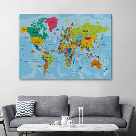 Harita Sepeti Türkçe Dünya Haritası Kanvas Tablo Son Derece Detaylı ve Dekoratif-2024