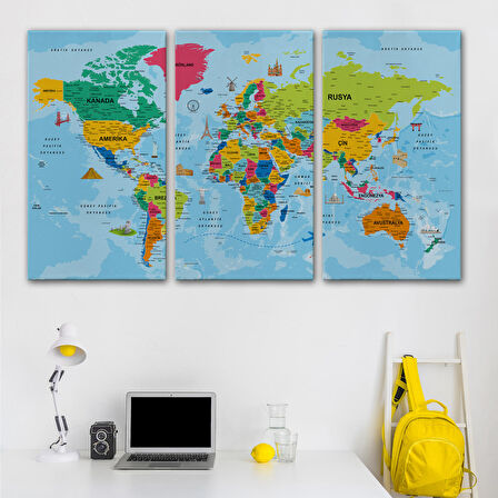 Harita Sepeti Türkçe Dünya Haritası Kanvas Tablo Son Derece Detaylı ve Dekoratif-2024