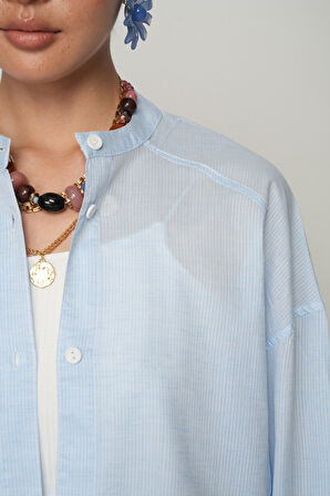 Kadın Serin Esinti İnce Çizgili Bisiklet Yaka Mavi Gömlek