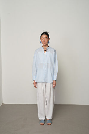 Kadın Serin Esinti İnce Çizgili Bisiklet Yaka Mavi Gömlek