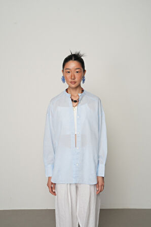 Kadın Serin Esinti İnce Çizgili Bisiklet Yaka Mavi Gömlek