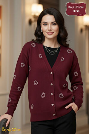 Kadın Triko Hırka Yumuşak V Yaka Kalpli Düğmeli Kazak