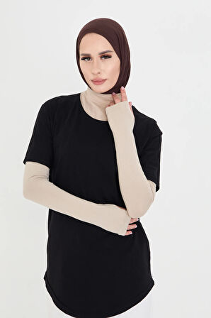 Bej Tesettür Parmak Geçmeli Kolluk Viskon Düz 1024_12