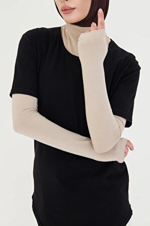 Bej Tesettür Parmak Geçmeli Kolluk Viskon Düz 1024_12