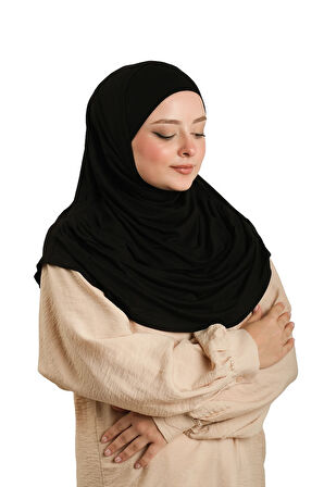 Siyah Pratik Hazır Geçmeli Tesettür Eşarp Viskon Boneli Büyük Boy 1290BV_01