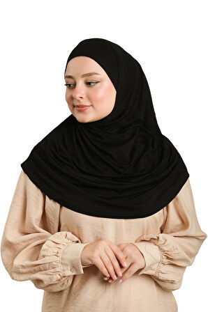Siyah Pratik Hazır Geçmeli Tesettür Eşarp Viskon Boneli Büyük Boy 1290BV_01
