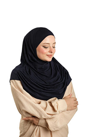 Lacivert Pratik Hazır Geçmeli Tesettür Eşarp Viskon Boneli Büyük Boy 1290BV_02