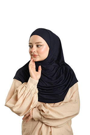 Lacivert Pratik Hazır Geçmeli Tesettür Eşarp Viskon Boneli Büyük Boy 1290BV_02