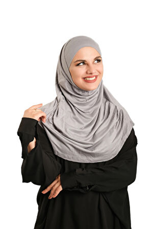 Gri Pratik Hazır Geçmeli Tesettür Eşarp Viskon Boneli Büyük Boy 1290BV_15