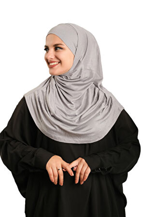 Gri Pratik Hazır Geçmeli Tesettür Eşarp Viskon Boneli Büyük Boy 1290BV_15