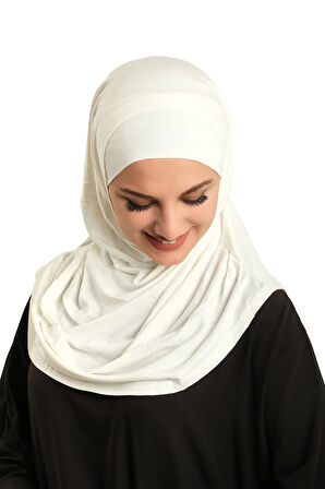 Krem Pratik Hazır Geçmeli Tesettür Eşarp Viskon Boneli Büyük Boy 1290BV_40