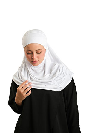 Beyaz Pratik Hazır Geçmeli Tesettür Eşarp Viskon Boneli Büyük Boy 1290BV_42