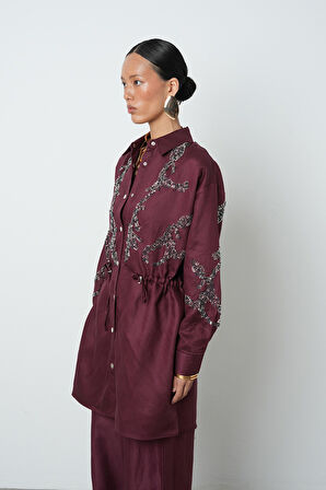 Kadın Boncuk İşlemeli Belden Büzgülü Çıtçıt Kapamalı Ceket