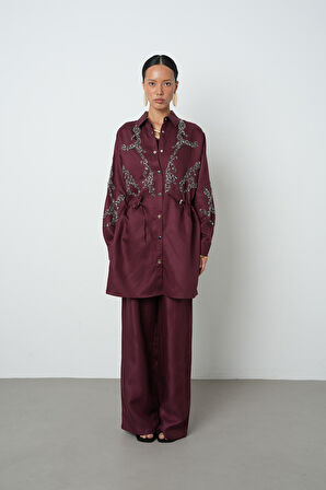 Kadın Boncuk İşlemeli Belden Büzgülü Çıtçıt Kapamalı Ceket