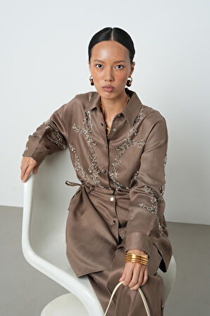 Kadın Boncuk İşlemeli Belden Büzgülü Çıtçıt Kapamalı Ceket