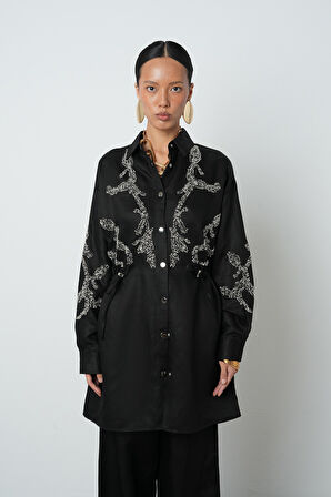 Kadın Boncuk İşlemeli Belden Büzgülü Çıtçıt Kapamalı Ceket