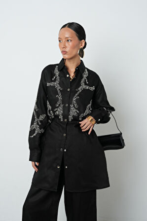 Kadın Boncuk İşlemeli Belden Büzgülü Çıtçıt Kapamalı Ceket