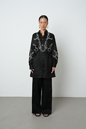 Kadın Boncuk İşlemeli Belden Büzgülü Çıtçıt Kapamalı Ceket