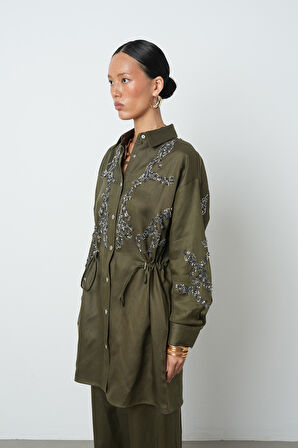 Kadın Boncuk İşlemeli Belden Büzgülü Çıtçıt Kapamalı Ceket