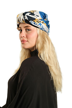 Saks Mavisi Pratik Hazır Geçmeli Tesettür Bone İpek Desenli 2410_24