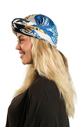 Saks Mavisi Pratik Hazır Geçmeli Tesettür Bone İpek Desenli 2410_24