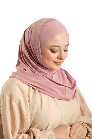 Pudra Pratik Hazır Geçmeli Boru Boneli İkili Tesettür Eşarp Sandy Düz 2501_06