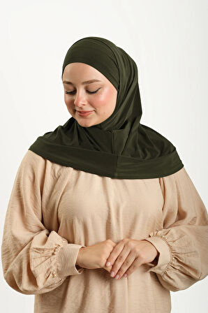 Haki Pratik Hazır Geçmeli Boru Boneli İkili Tesettür Eşarp Sandy Düz 2501_09