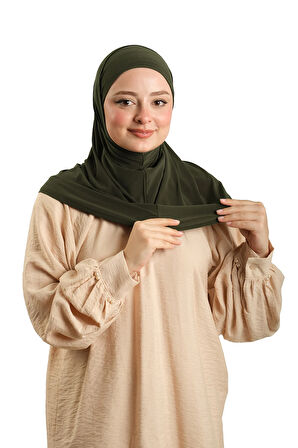 Haki Pratik Hazır Geçmeli Boru Boneli İkili Tesettür Eşarp Sandy Düz 2501_09