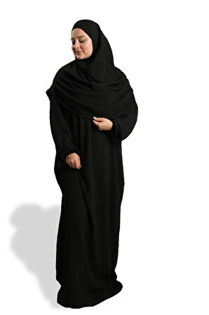 Siyah İki Parça Namaz Elbisesi Dokuma Kendinden Desenli 2502_01