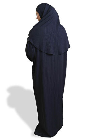 Lacivert İki Parça Namaz Elbisesi Dokuma Kendinden Desenli 2502_02