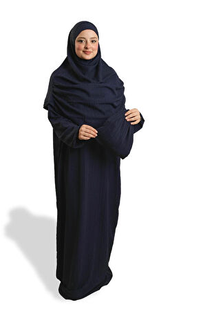 Lacivert İki Parça Namaz Elbisesi Dokuma Kendinden Desenli 2502_02