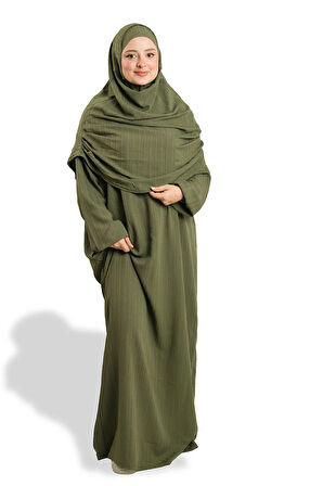 Haki İki Parça Namaz Elbisesi Dokuma Kendinden Desenli 2502_09