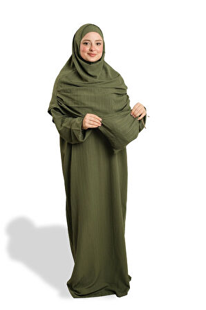 Haki İki Parça Namaz Elbisesi Dokuma Kendinden Desenli 2502_09