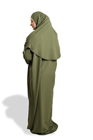 Haki İki Parça Namaz Elbisesi Dokuma Kendinden Desenli 2502_09