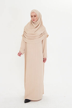 Bej İki Parça Namaz Elbisesi Dokuma Kendinden Desenli 2502_12