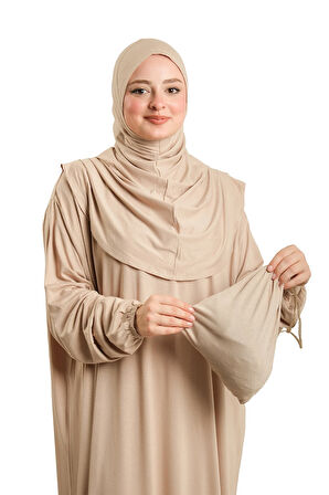 Bej Tek Parça Namaz Elbisesi Viskon Düz 2503_12