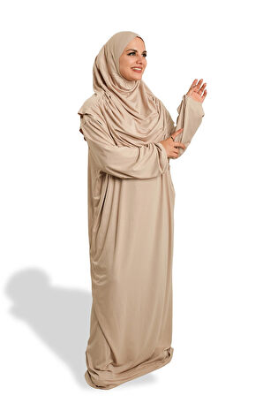 Bej İki Parça Namaz Elbisesi Viskon Düz 2504_12