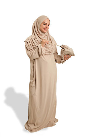 Bej İki Parça Namaz Elbisesi Viskon Düz 2504_12
