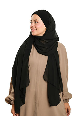 Siyah Pratik Hazır Geçmeli Bone Şal Şifon Düz 2506_01
